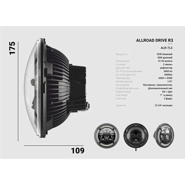 Передние фары НИВА 7" Allroad Drive R3 с ДХО